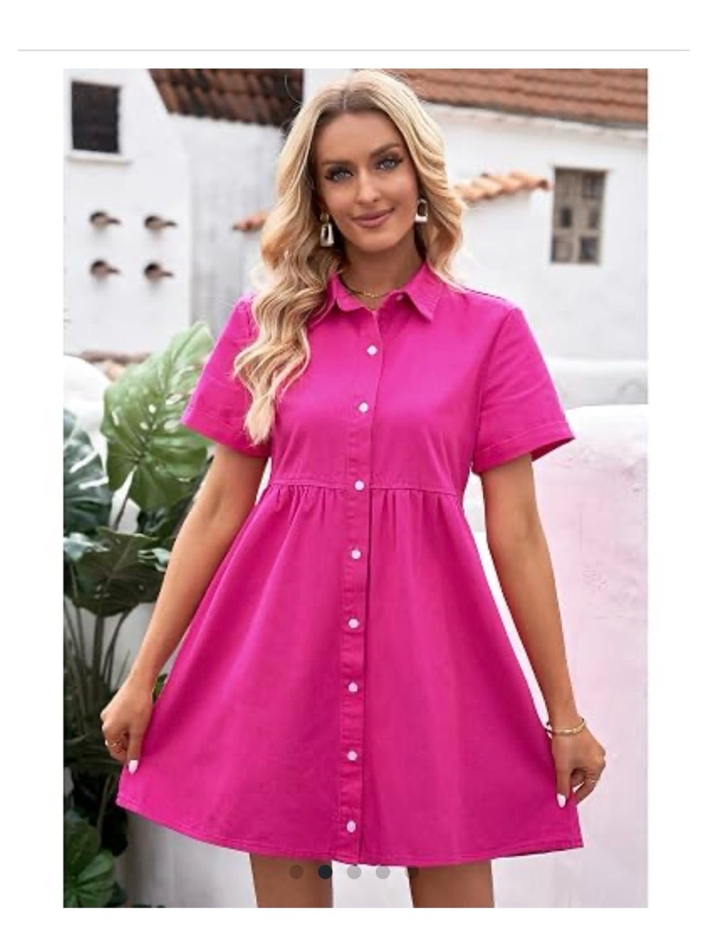 Short-Sleeve Denim Button-Front Mini Dress in Bright Pink